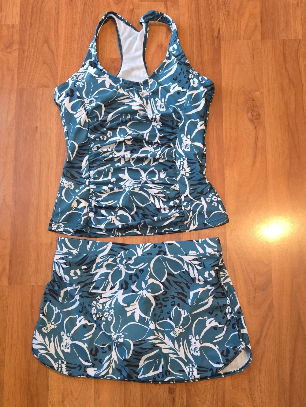 Women's Teal Floral Tankini with Skirt Swim Set